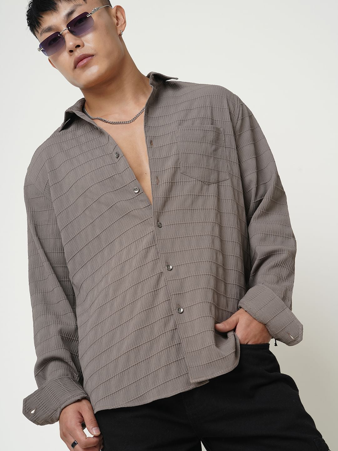 Coffee Brown Line Textured Shirt