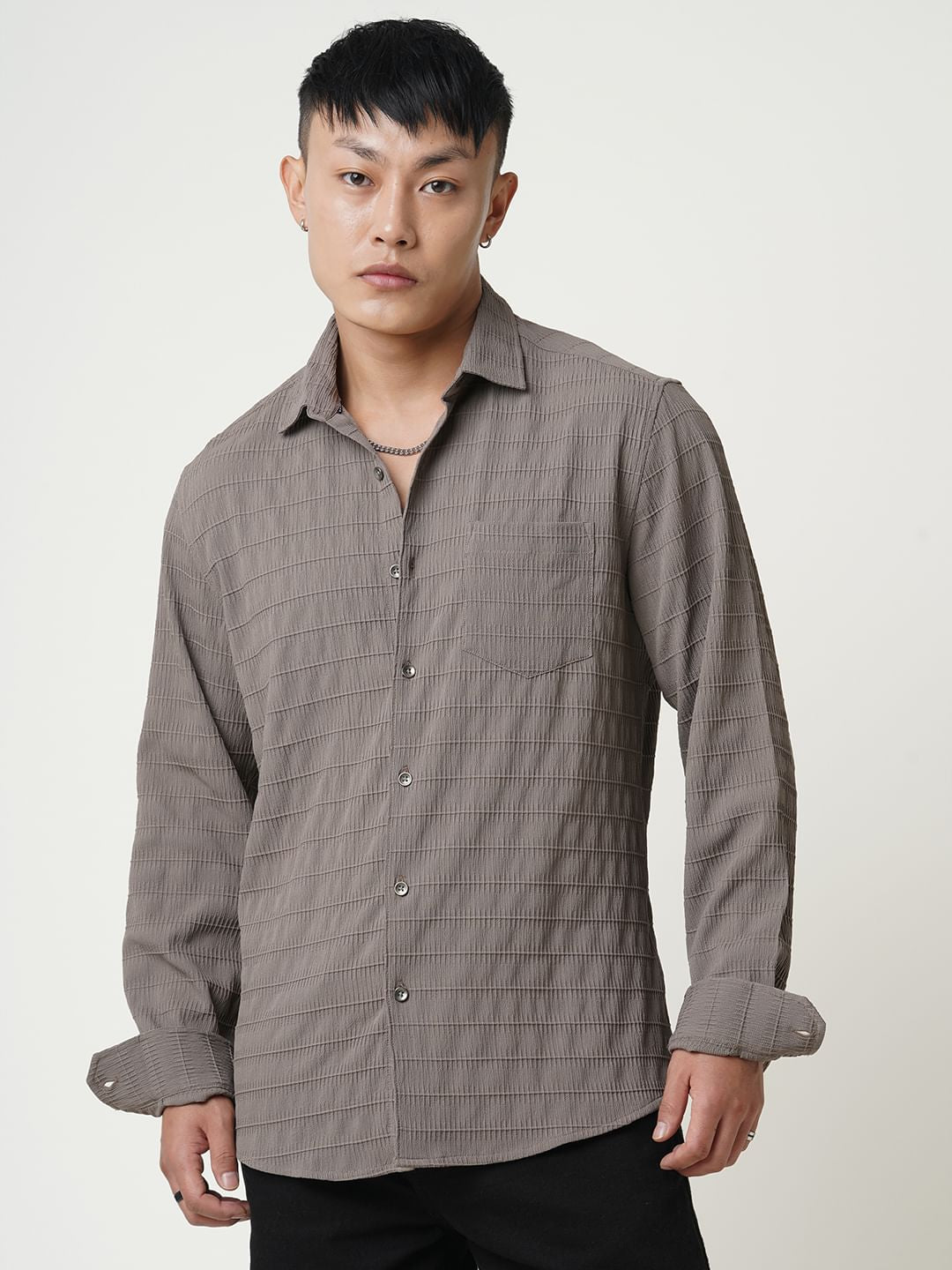 Coffee Brown Line Textured Shirt