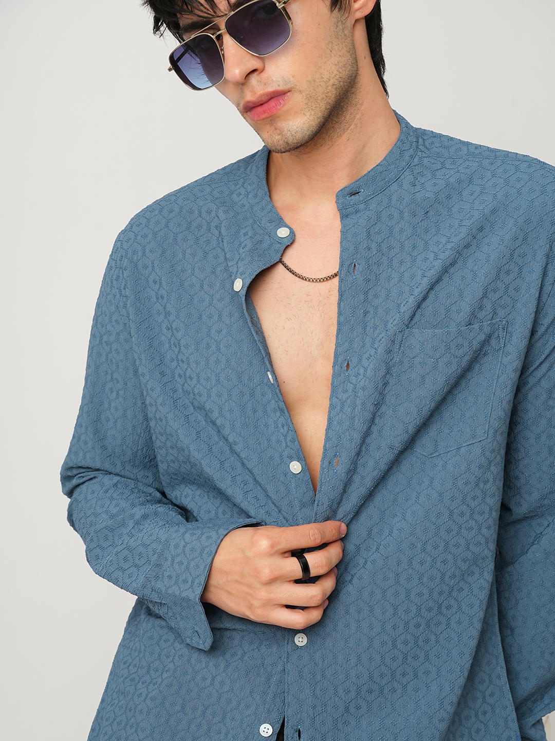 Hexagon Jacquard Aegean Blue Mandarin Shirt