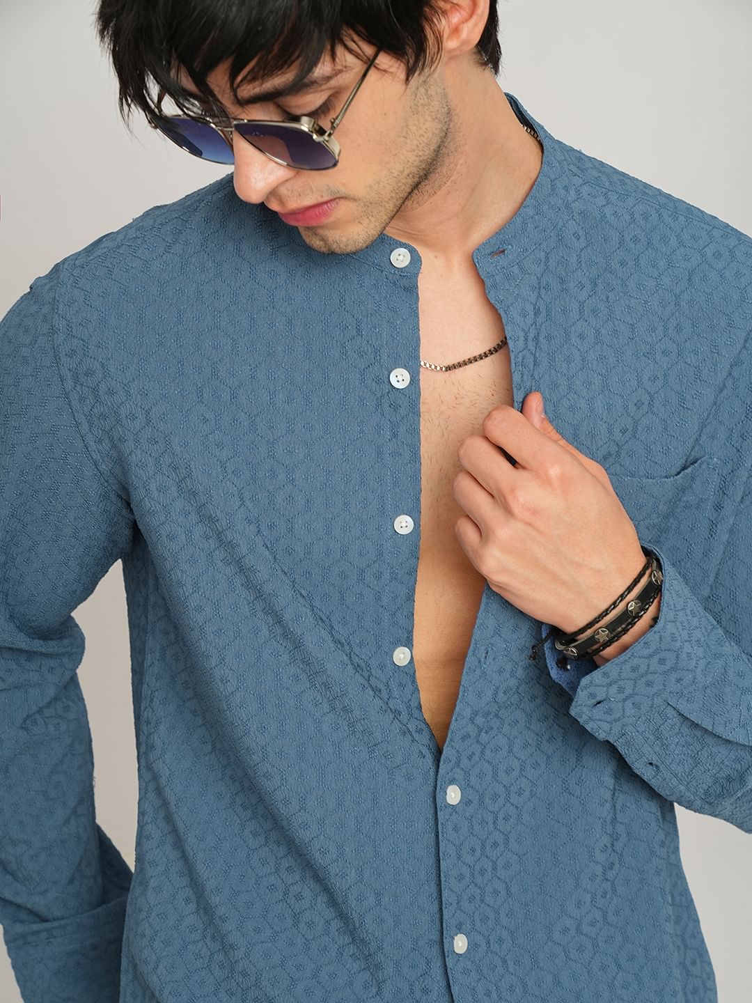 Hexagon Jacquard Aegean Blue Mandarin Shirt