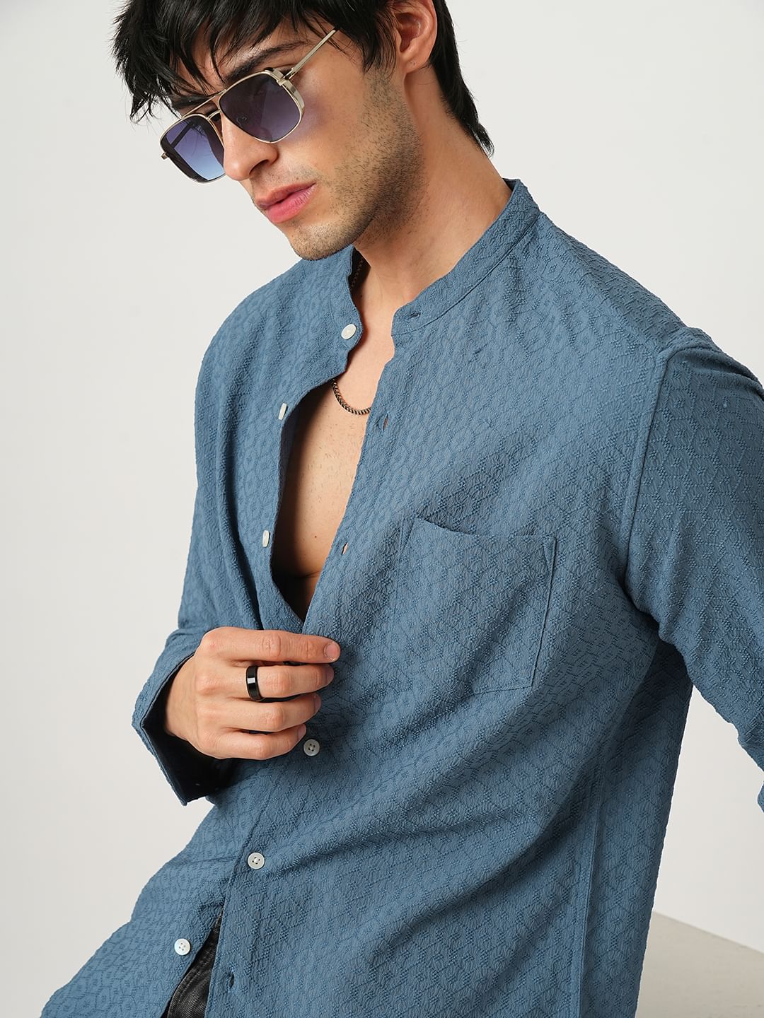 Hexagon Jacquard Aegean Blue Mandarin Shirt