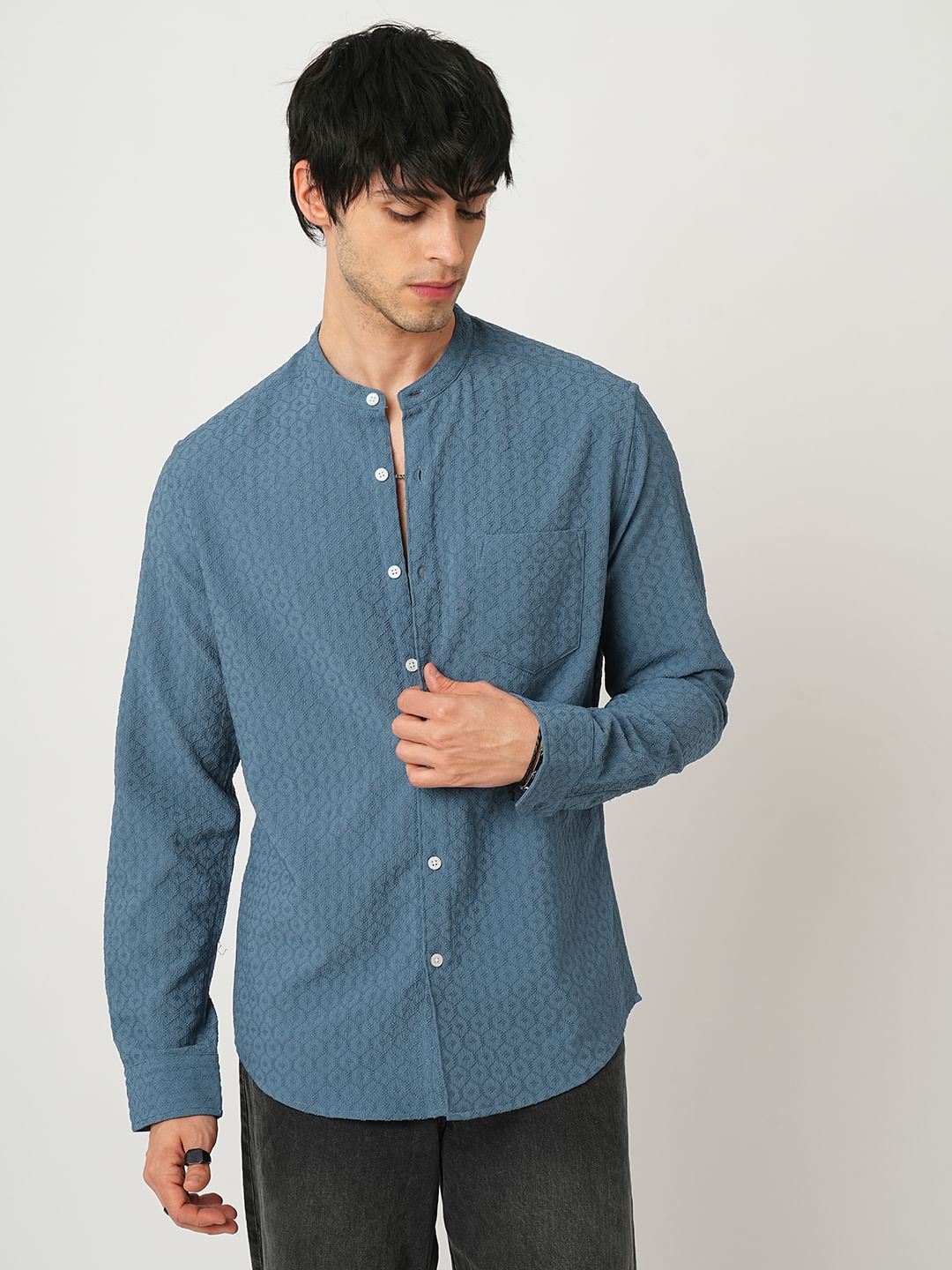 Hexagon Jacquard Aegean Blue Mandarin Shirt