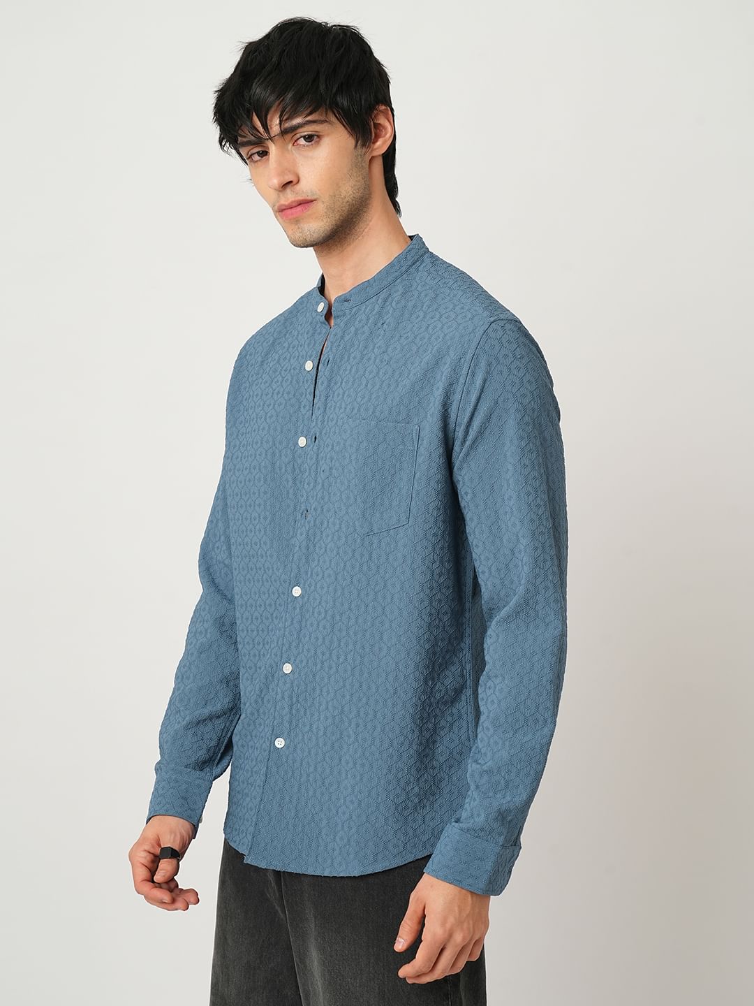 Hexagon Jacquard Aegean Blue Mandarin Shirt
