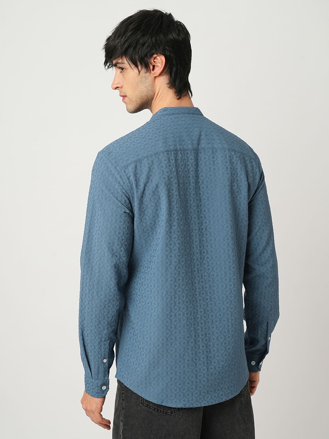 Hexagon Jacquard Aegean Blue Mandarin Shirt