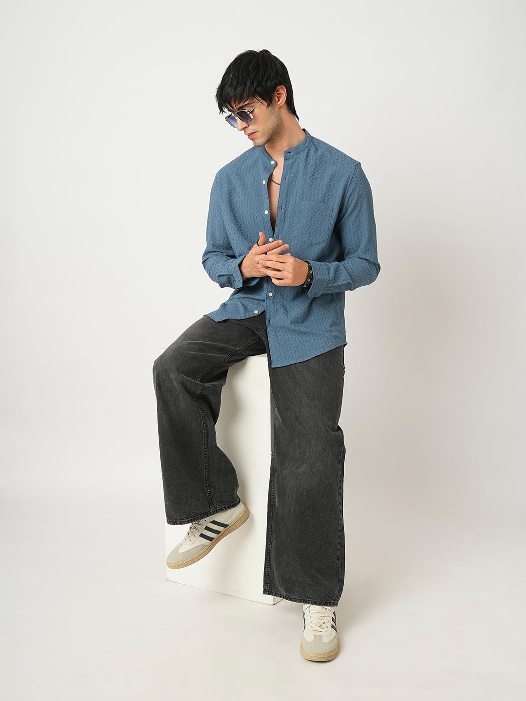Hexagon Jacquard Aegean Blue Mandarin Shirt