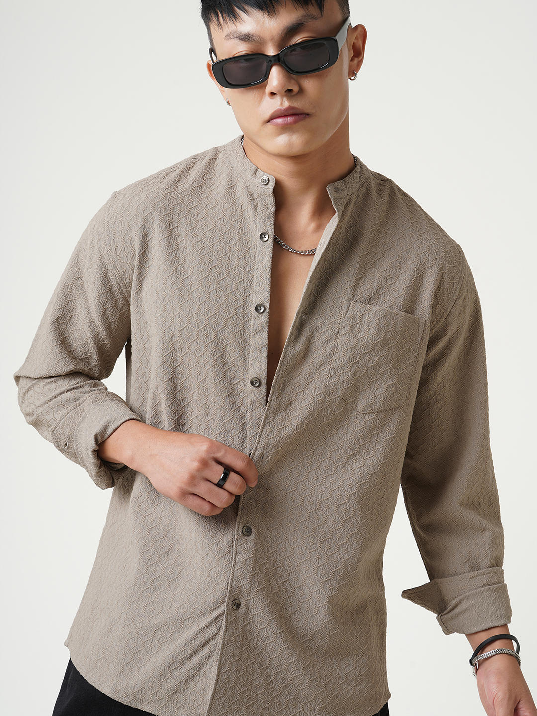 Hexagon Beige Jacquard Mandarin Shirt