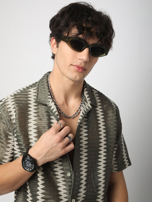 Zig-Zag Olive Crochet Oversized Shirt