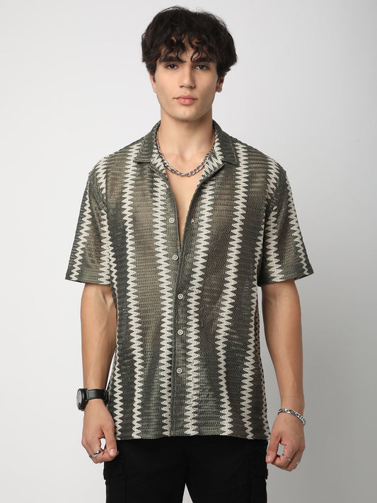Zig-Zag Olive Crochet Oversized Shirt