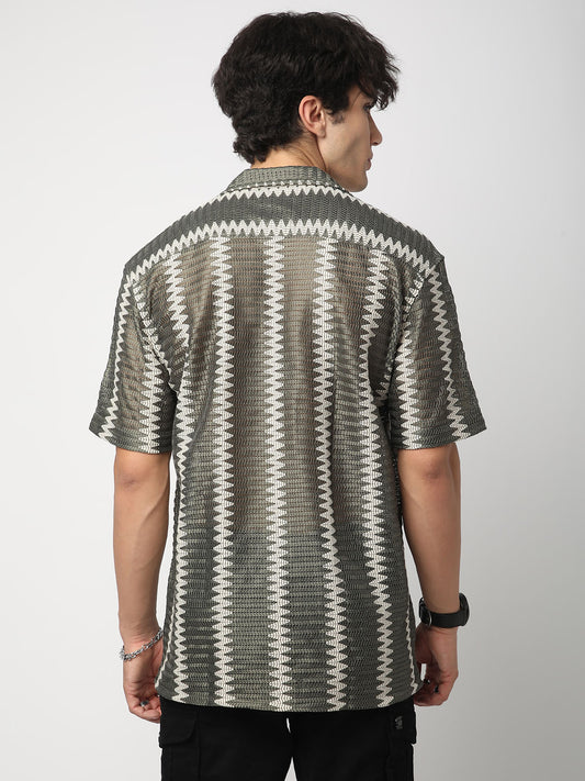 Zig-Zag Olive Crochet Oversized Shirt