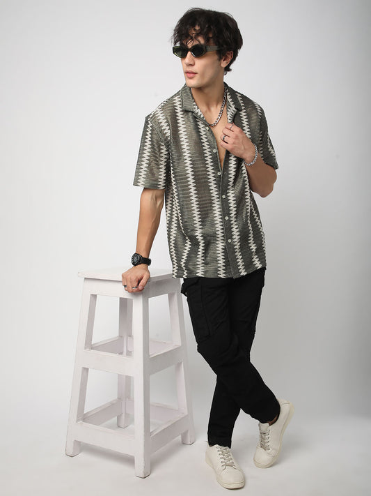 Zig-Zag Olive Crochet Oversized Shirt