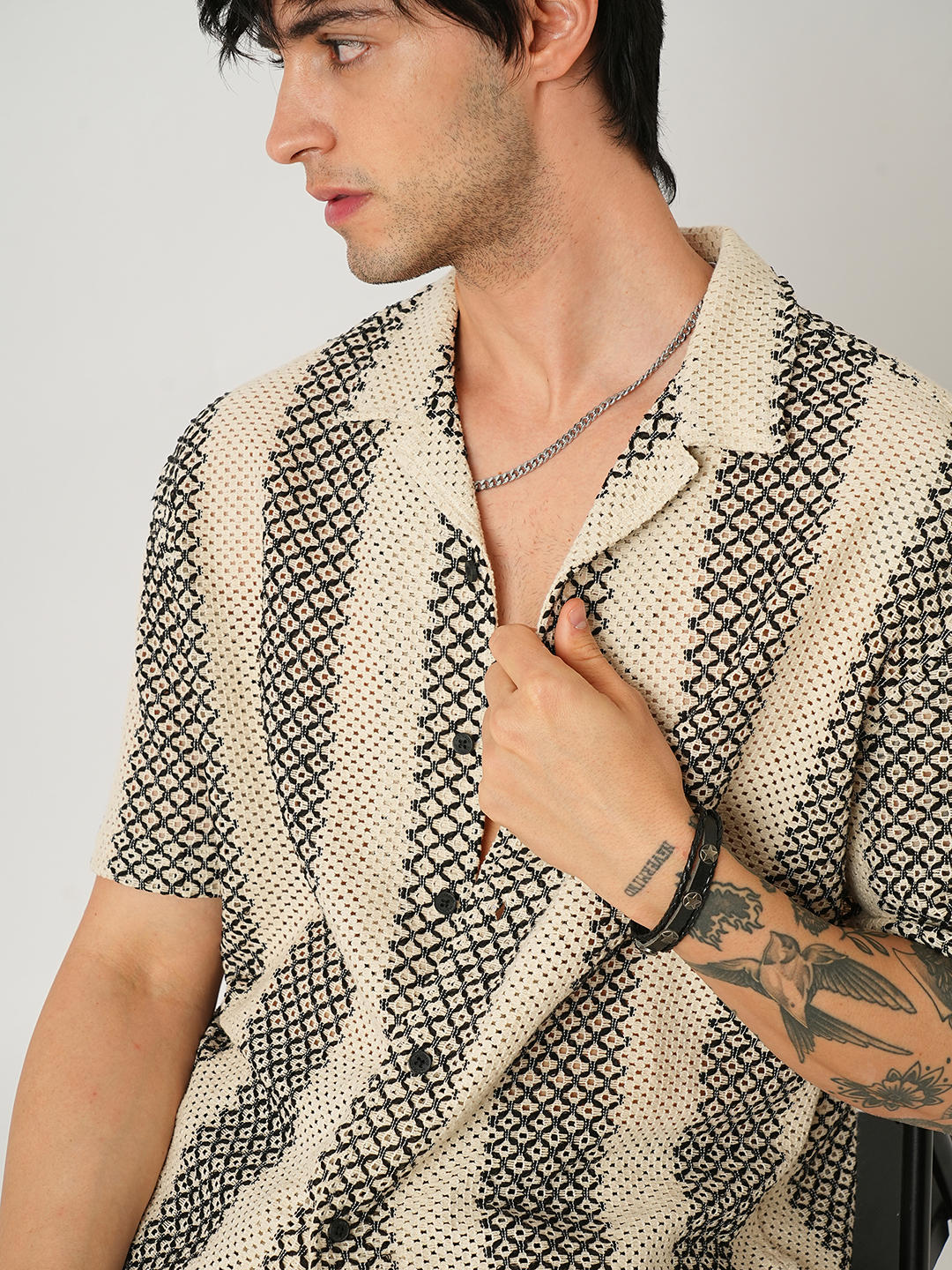 Beige & Black Crochet Oversized Shirt