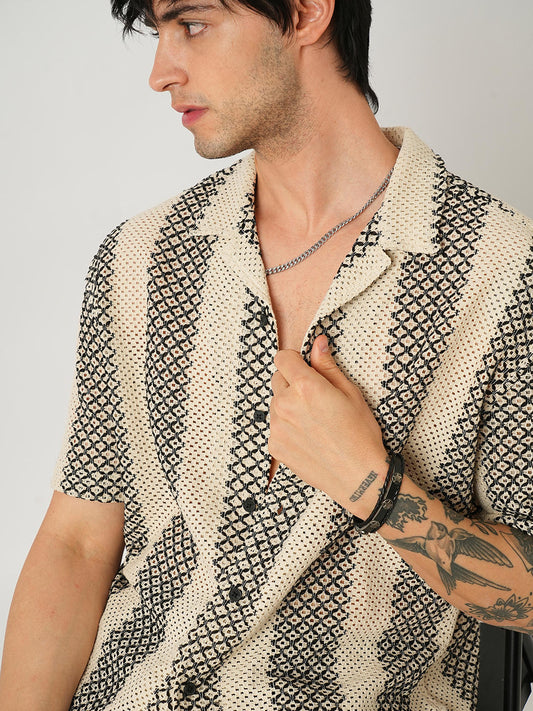 Beige & Black Crochet Oversized Shirt