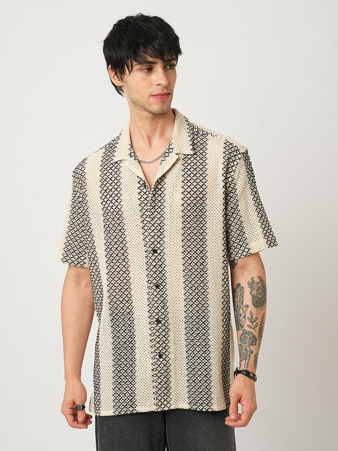 Beige & Black Crochet Oversized Shirt