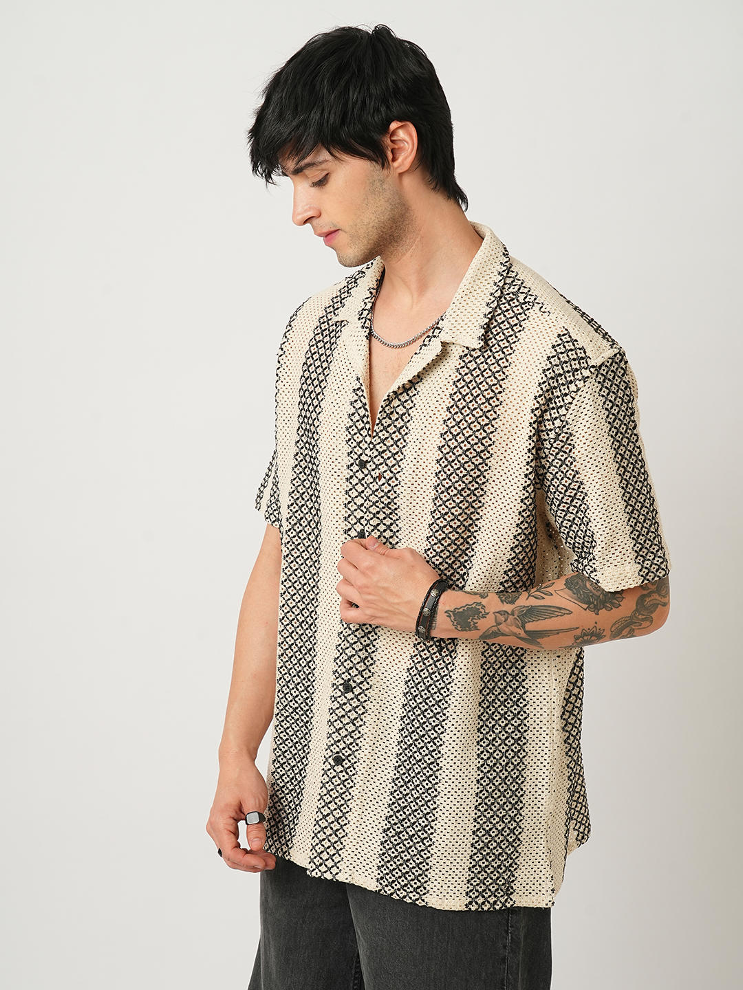 Beige & Black Crochet Oversized Shirt