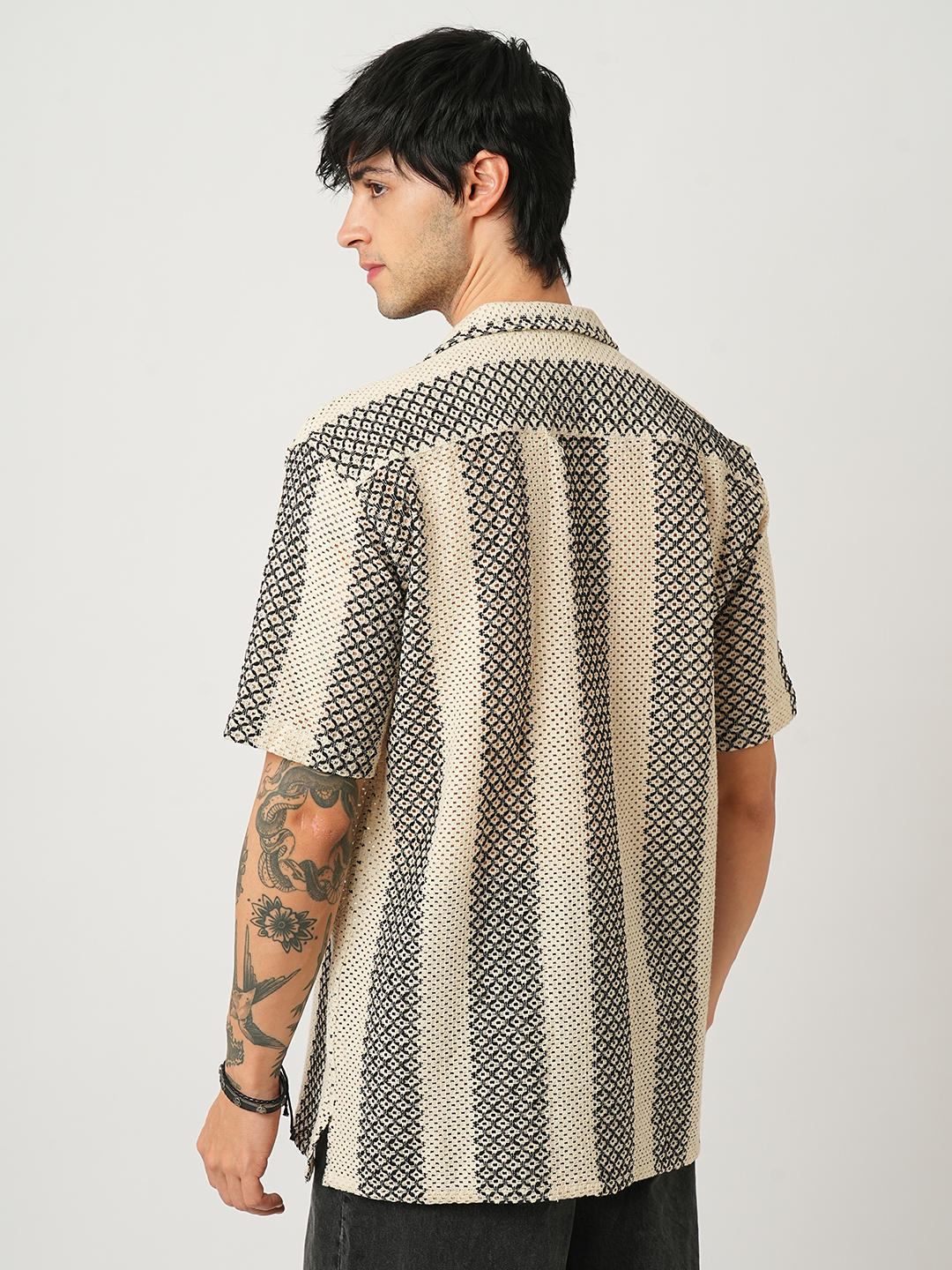 Beige & Black Crochet Oversized Shirt