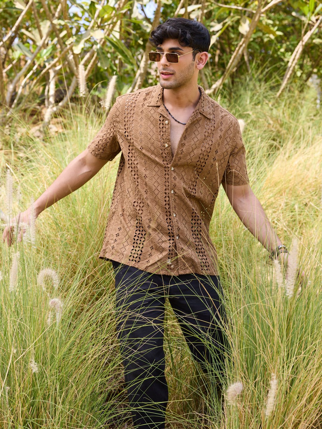 Intricate Schiffli Brown Oversized Shirt