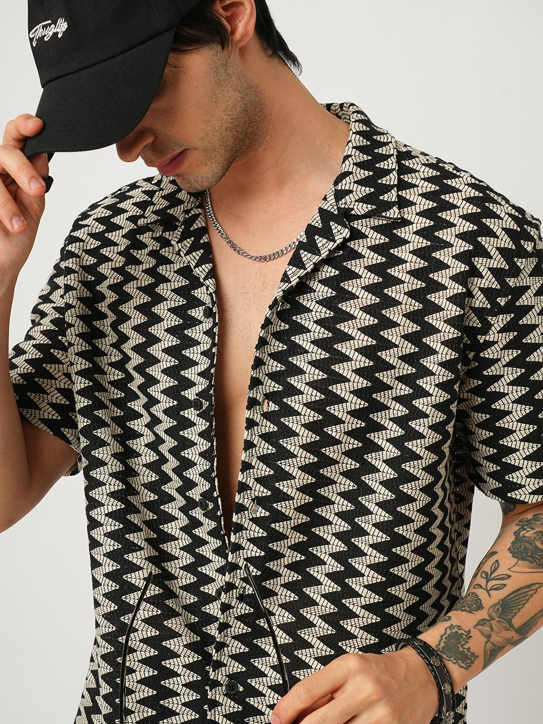 Zig-Zag Black Crochet Oversized Notch Collar Shirt