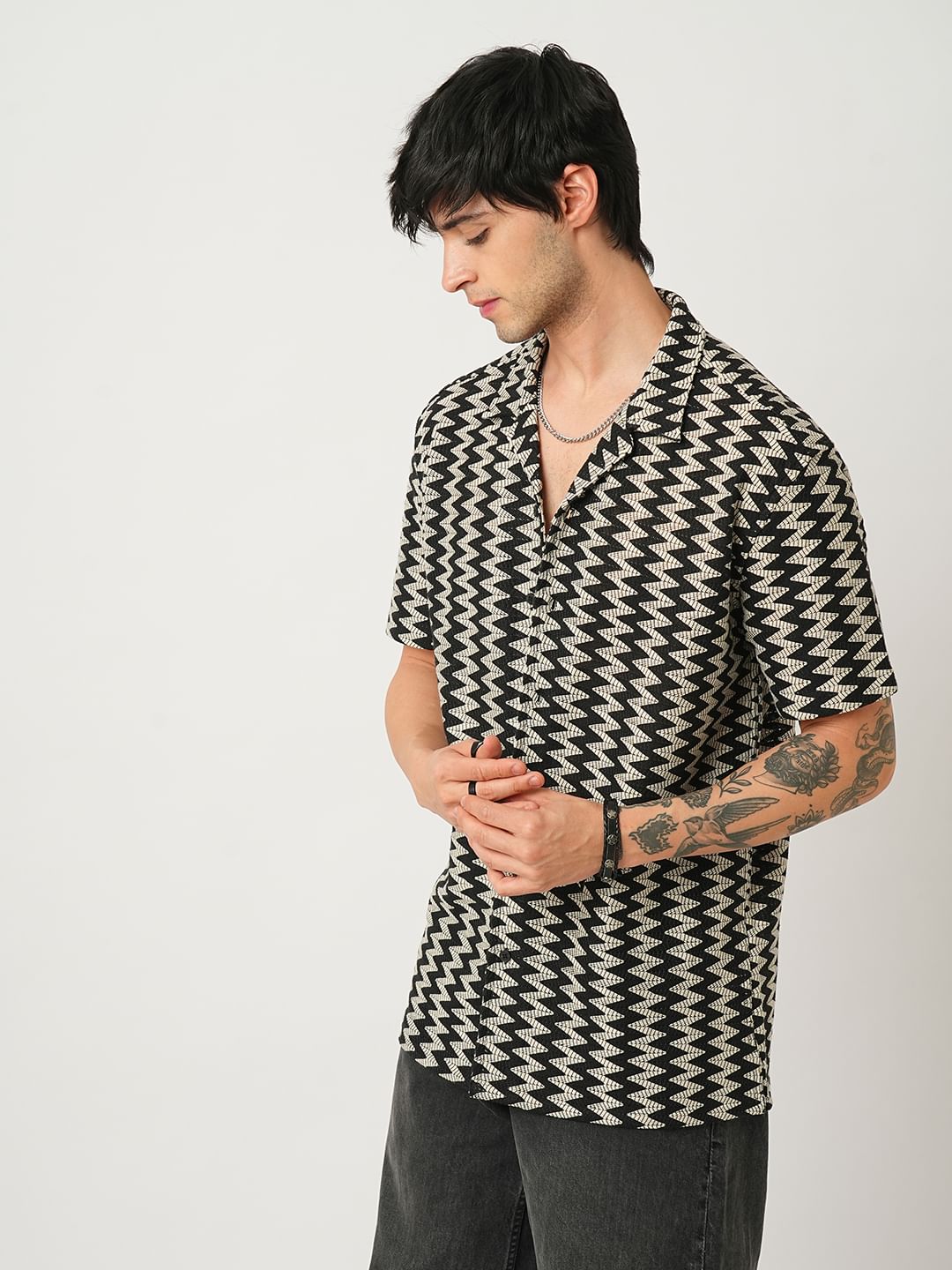 Zig-Zag Black Crochet Oversized Notch Collar Shirt