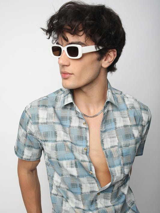 Bluish Patchwork Textured Shirt