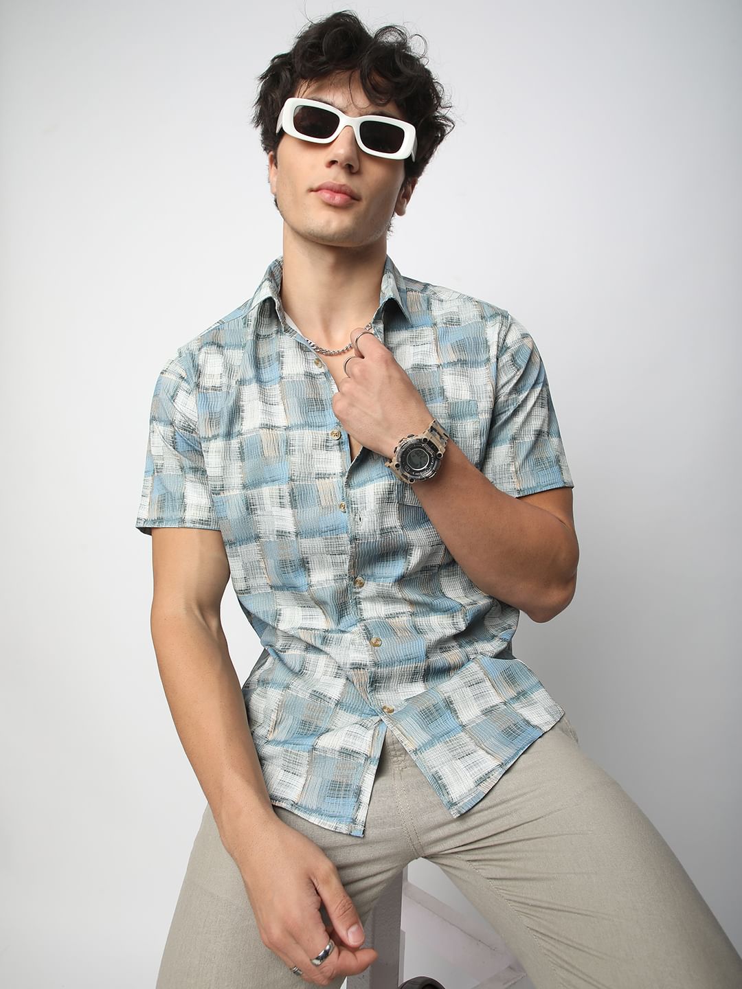Bluish Patchwork Textured Shirt