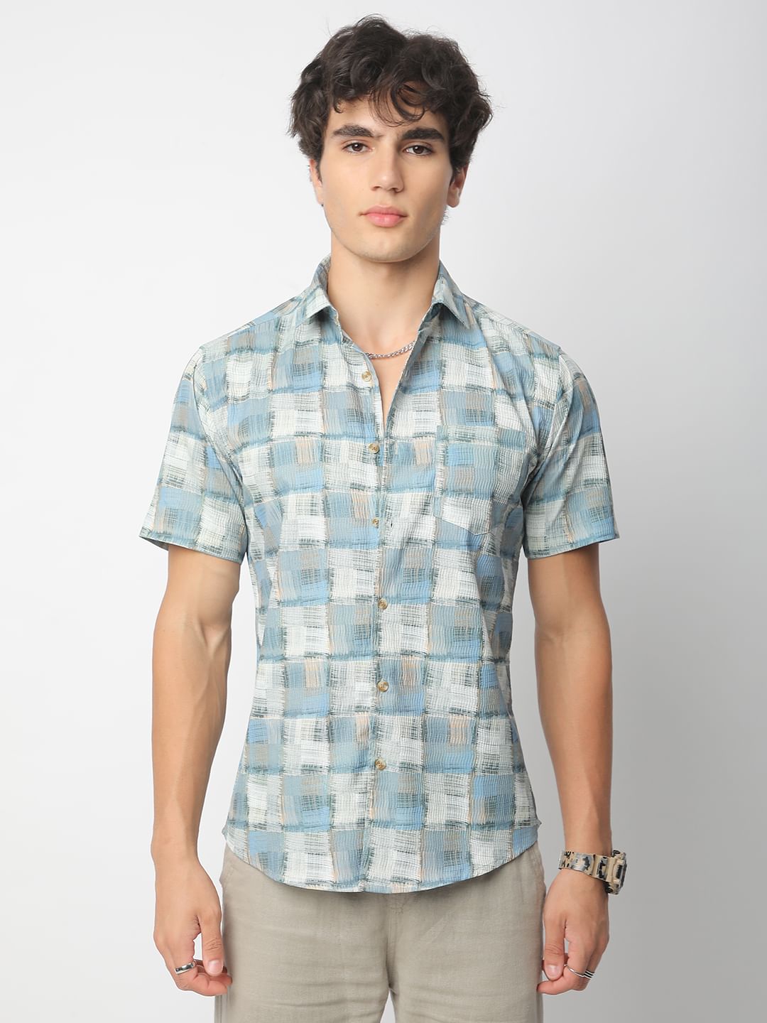 Bluish Patchwork Textured Shirt