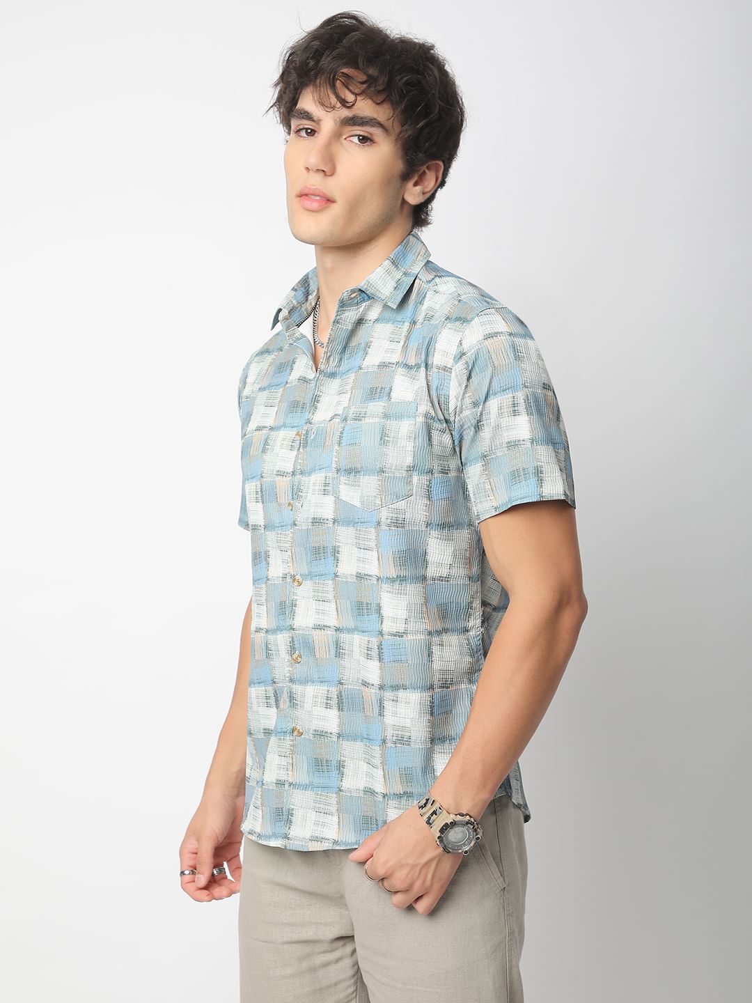 Bluish Patchwork Textured Shirt
