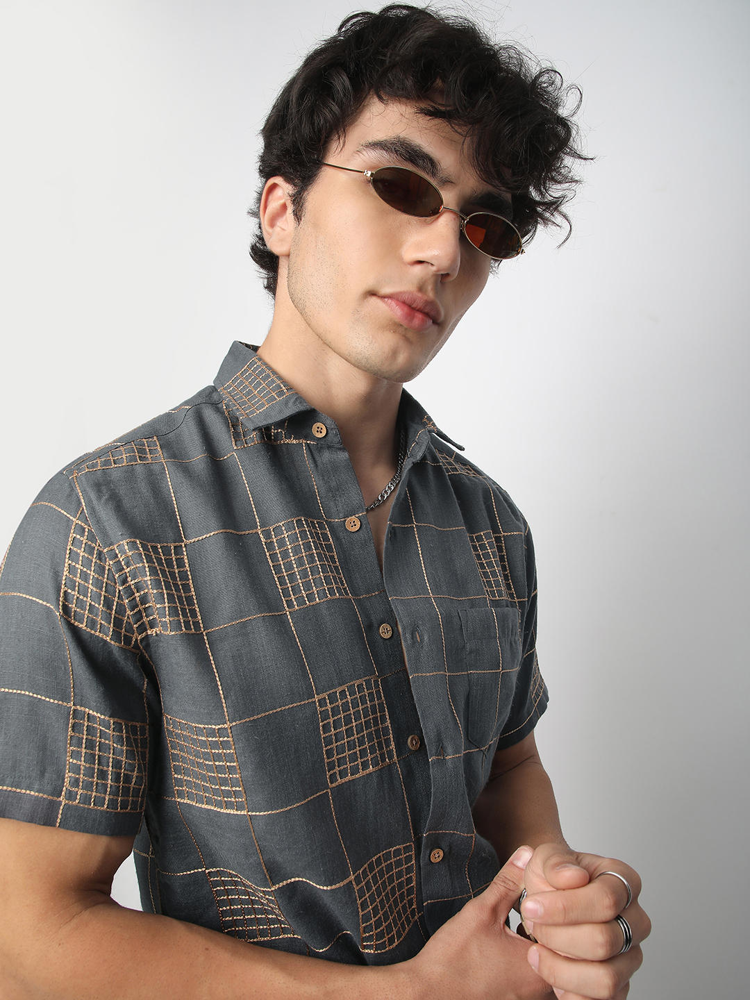 Modish Anchor Grey Square Embroidered Shirt