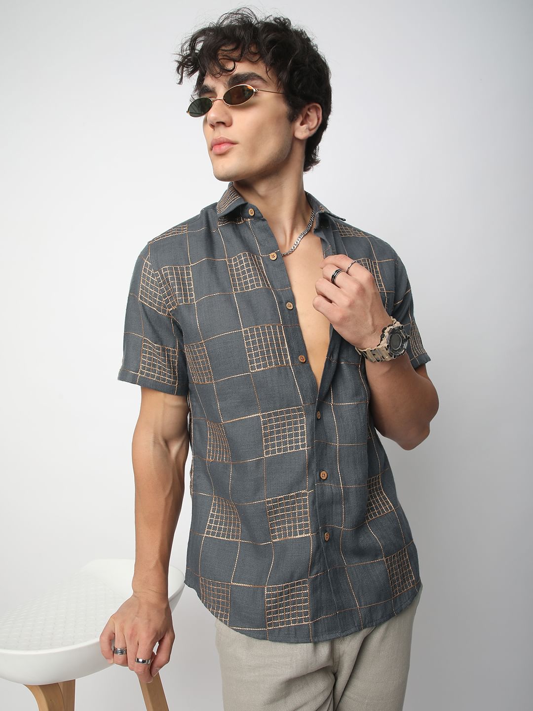 Modish Anchor Grey Square Embroidered Shirt