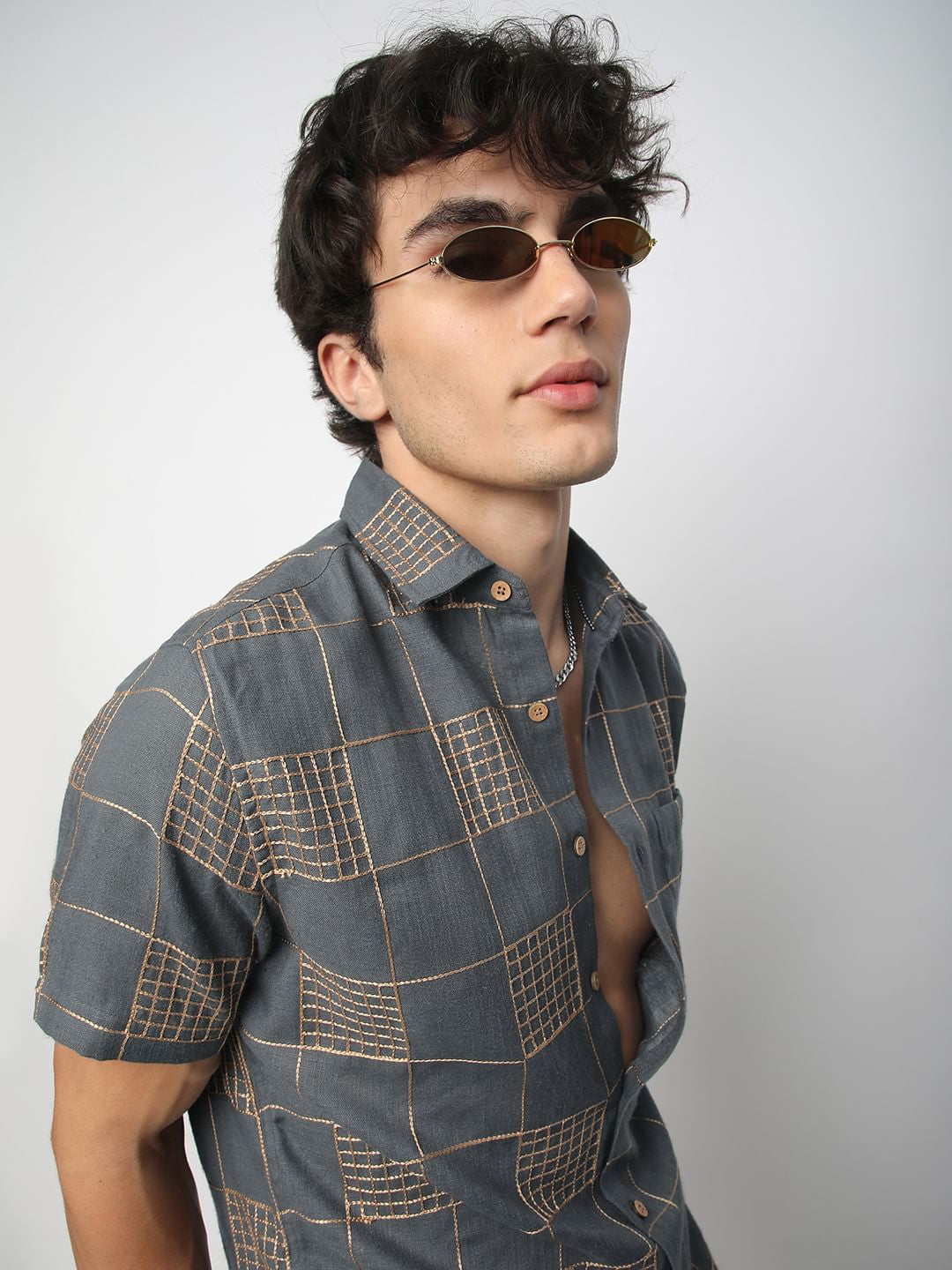 Modish Anchor Grey Square Embroidered Shirt