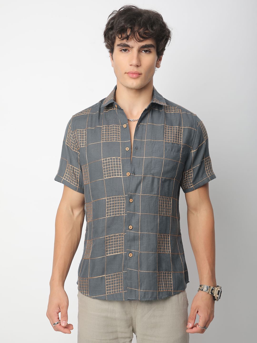 Modish Anchor Grey Square Embroidered Shirt