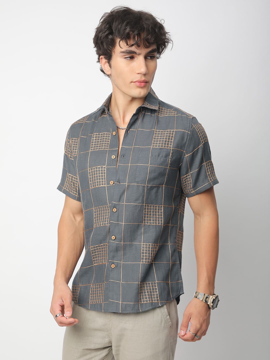 Modish Anchor Grey Square Embroidered Shirt