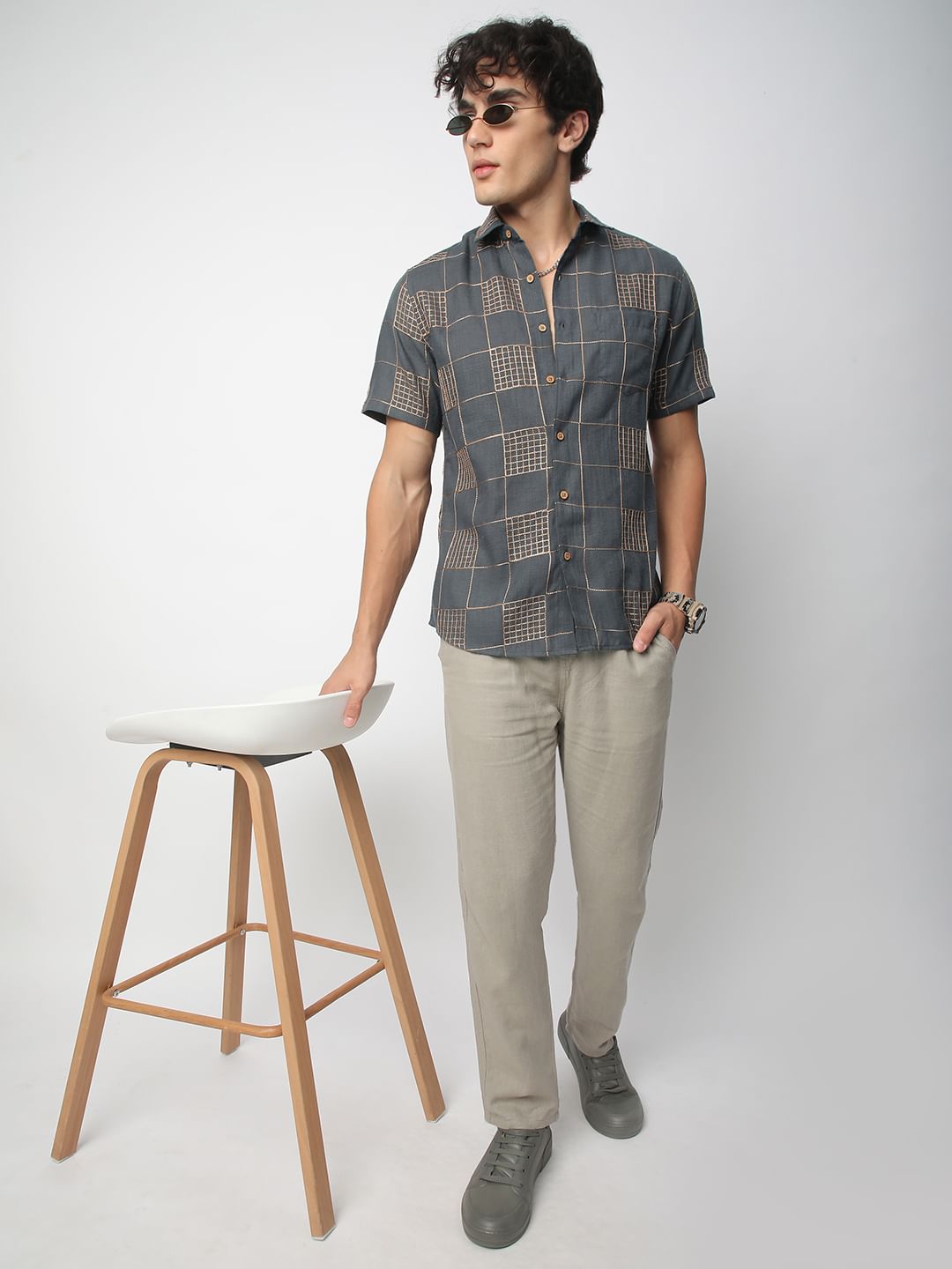 Modish Anchor Grey Square Embroidered Shirt
