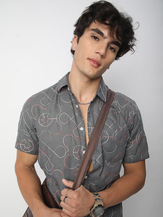 Intricate Smoky Grey Contrast Embroidered Shirt