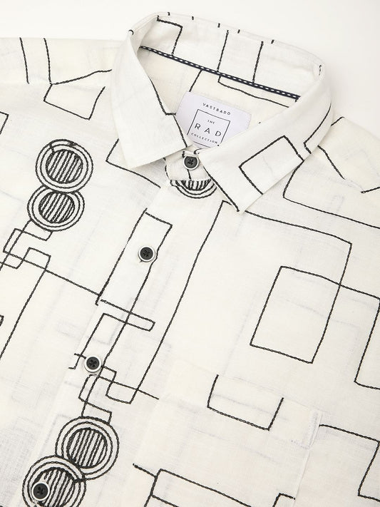 Intricate White Contrast Maze Embroidered Shirt