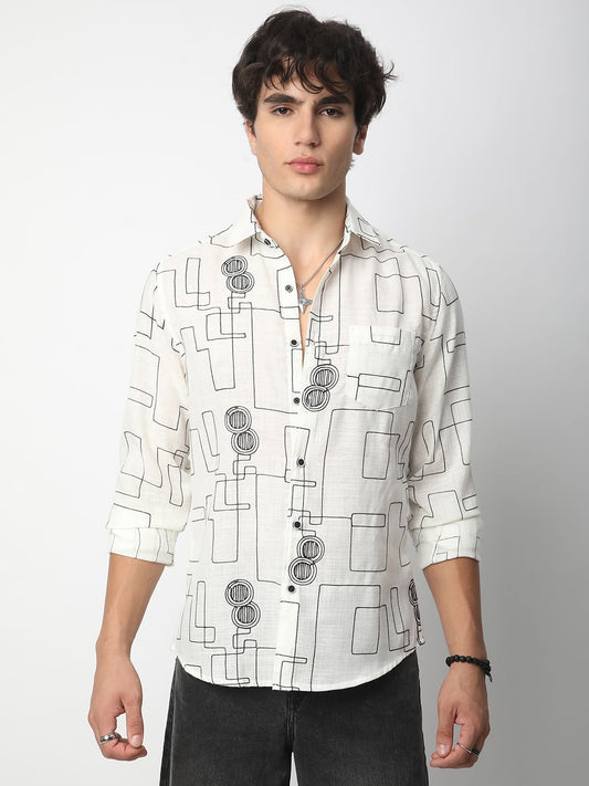 Intricate White Contrast Maze Embroidered Shirt