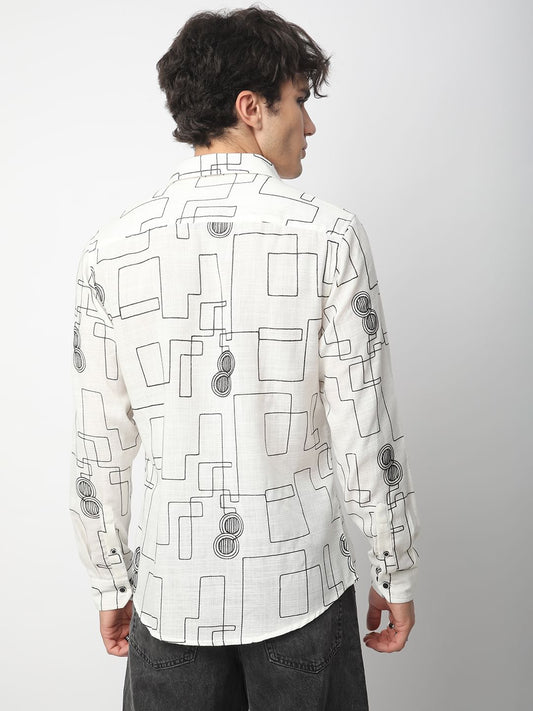 Intricate White Contrast Maze Embroidered Shirt