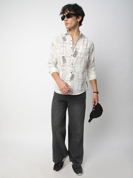 Intricate White Contrast Maze Embroidered Shirt