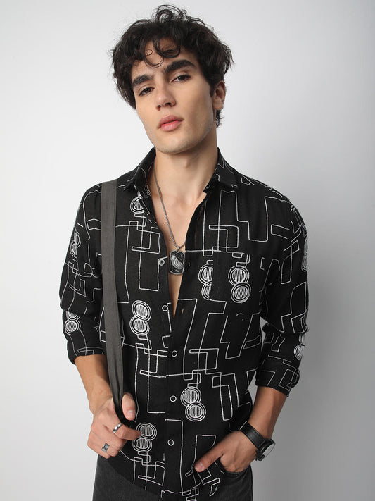 Schmick Black Contrast Maze Embroidered Shirt