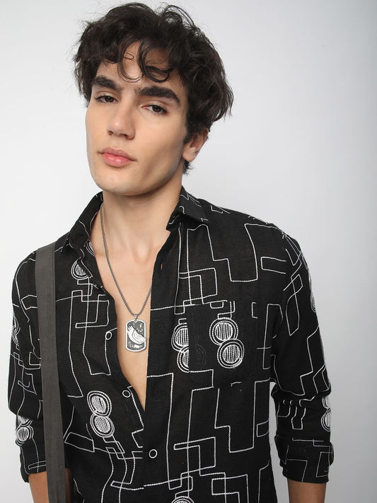 Schmick Black Contrast Maze Embroidered Shirt