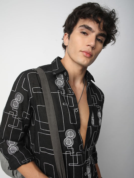 Schmick Black Contrast Maze Embroidered Shirt