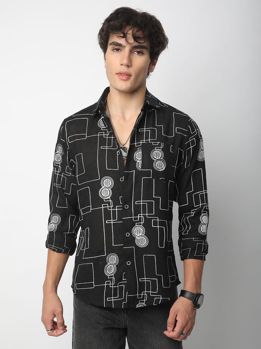Schmick Black Contrast Maze Embroidered Shirt