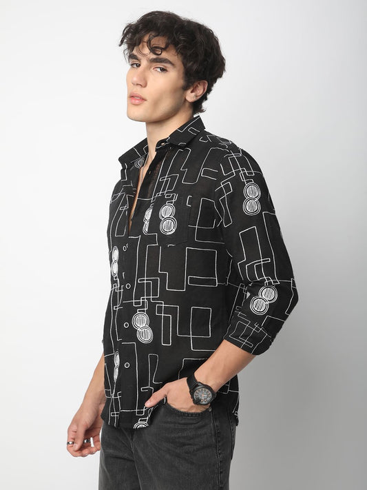 Schmick Black Contrast Maze Embroidered Shirt