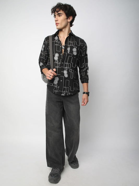Schmick Black Contrast Maze Embroidered Shirt