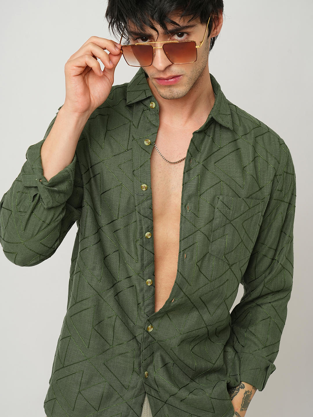 Elite Basil Green Trigon Embroidered Shirt