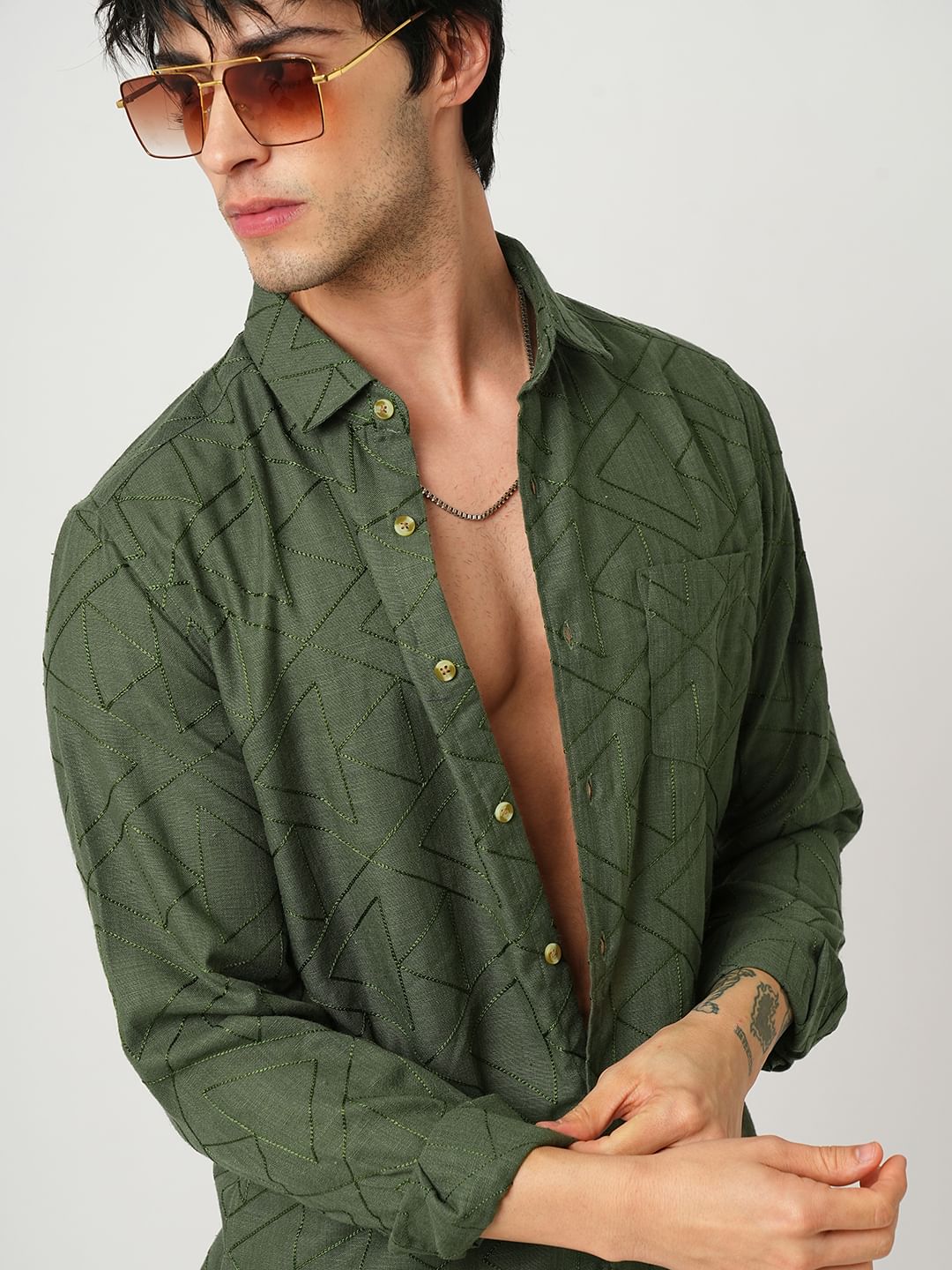 Elite Basil Green Trigon Embroidered Shirt