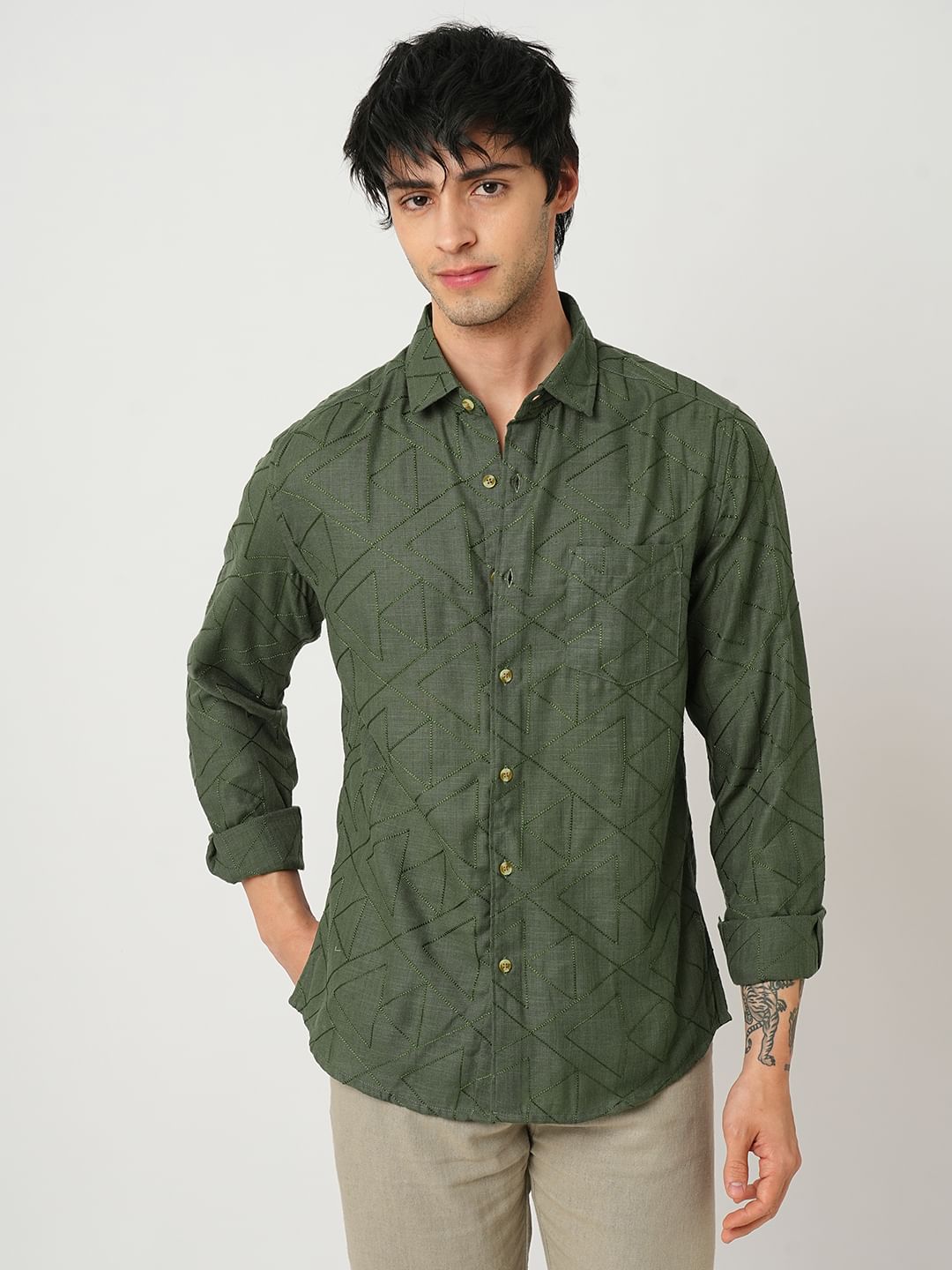 Elite Basil Green Trigon Embroidered Shirt