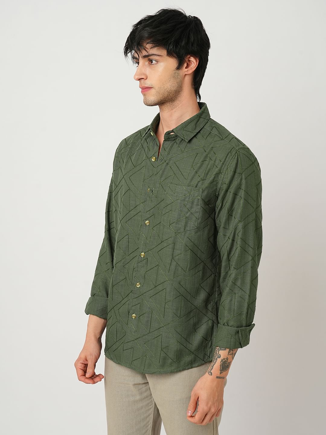 Elite Basil Green Trigon Embroidered Shirt