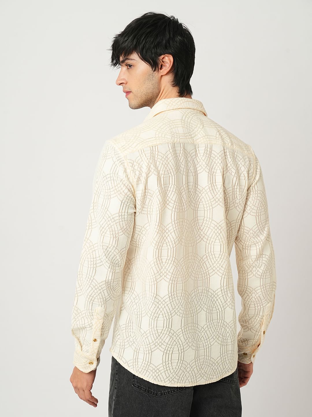 Interweave Geometric Textured Ivory Crochet Shirt