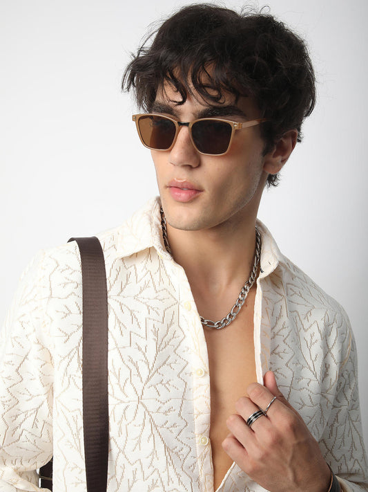 Interweave Ivory Leaf Textured Crochet Shirt