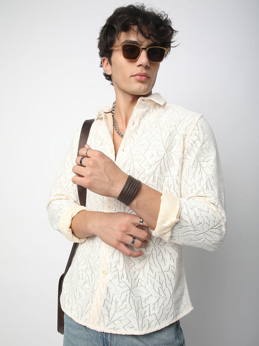 Interweave Ivory Leaf Textured Crochet Shirt